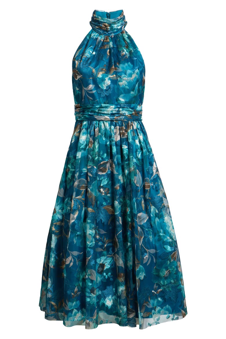 Floral Embroidered Midi Cocktail Dress, Alternate, color, TEAL