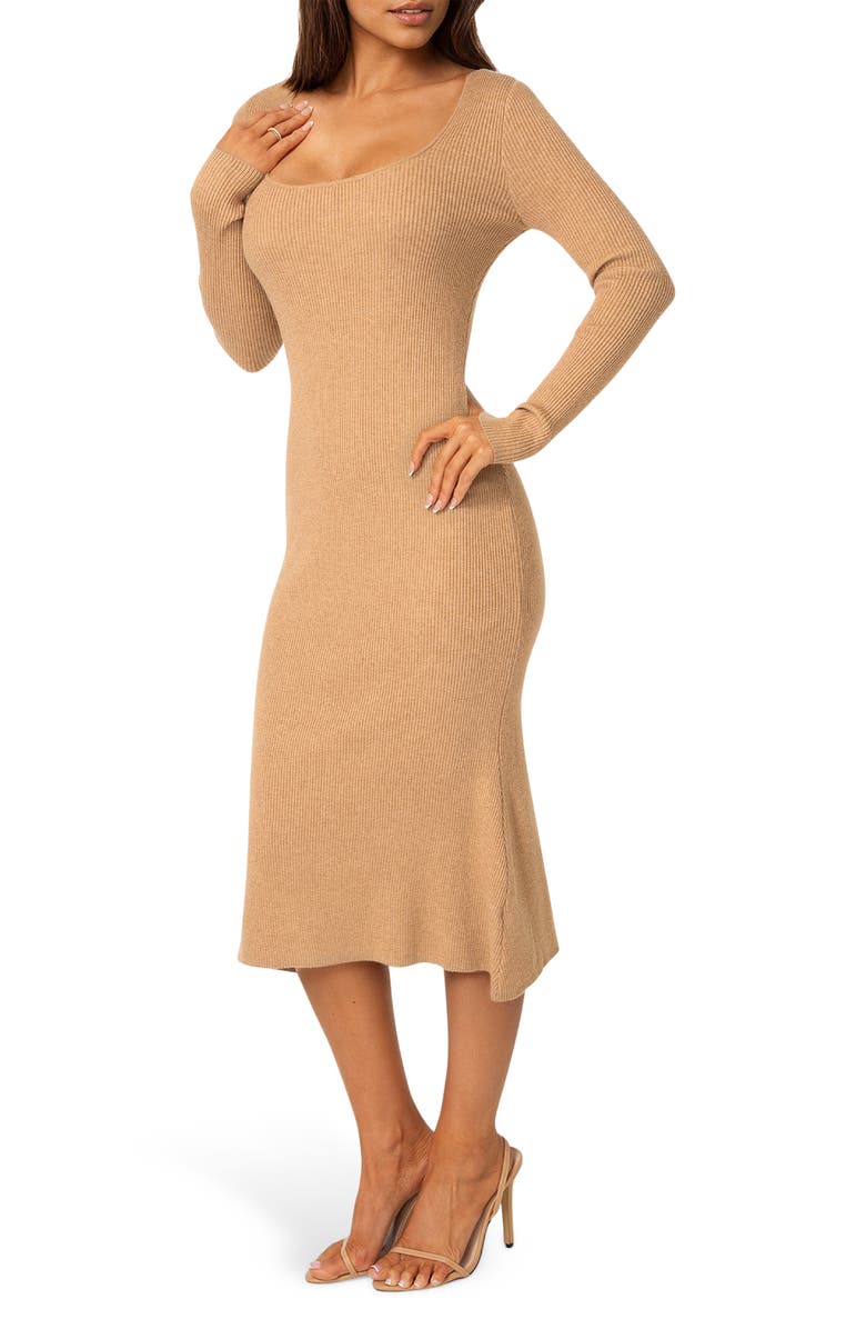 bebe Scoop Neck Long Sleeve Sweater Dress, Alternate, color, Camel