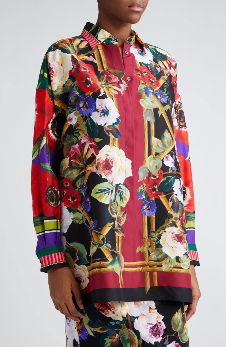 Dolce&Gabbana Floral Silk Twill Button-Up Shirt, Alternate, color,