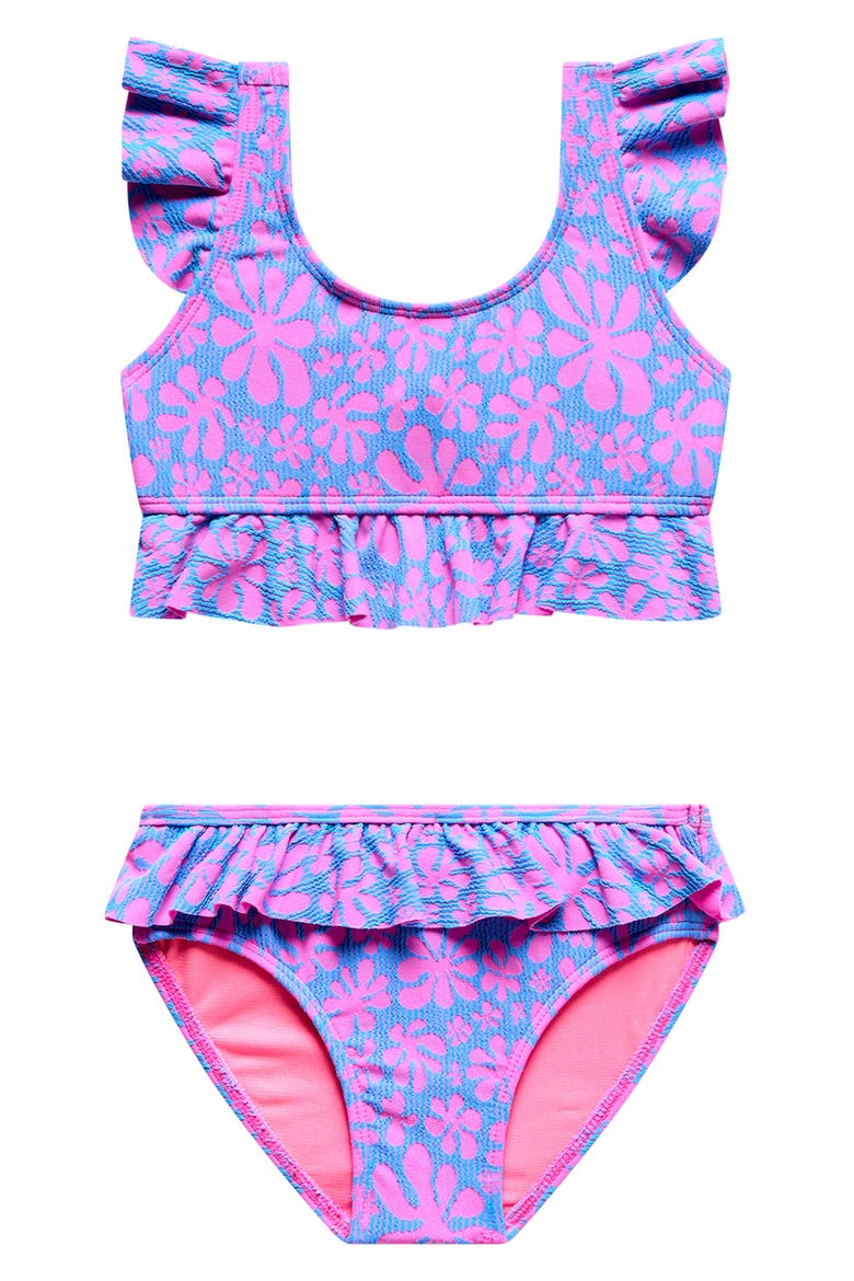 Flower Power Ruffle Two-Piece Swimsuit, Main, color, BLUE/ PINK MULTI