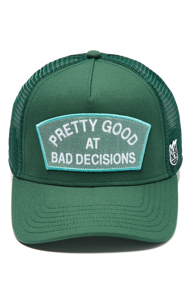 Cult of Individuality Good at Bad Decisions Trucker Hat, Alternate, color, Bayberry