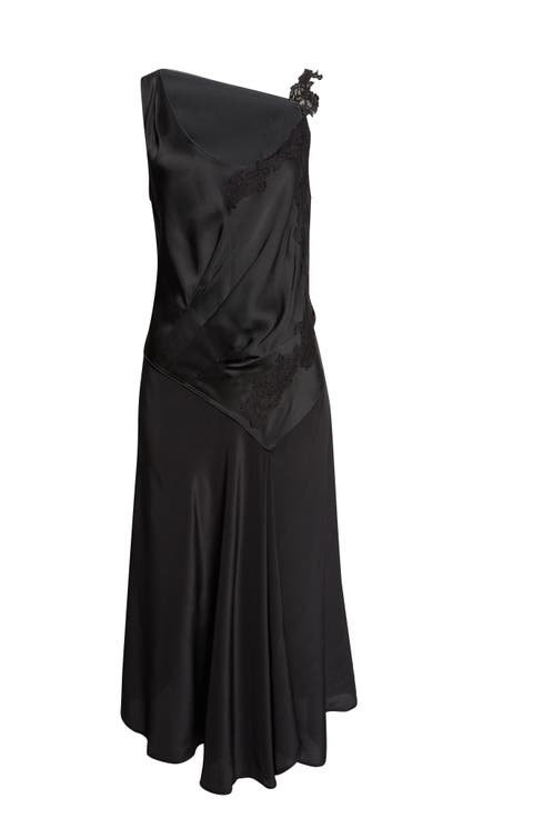 Asymmeytic Lace Strap Crepe Back Satin Dress