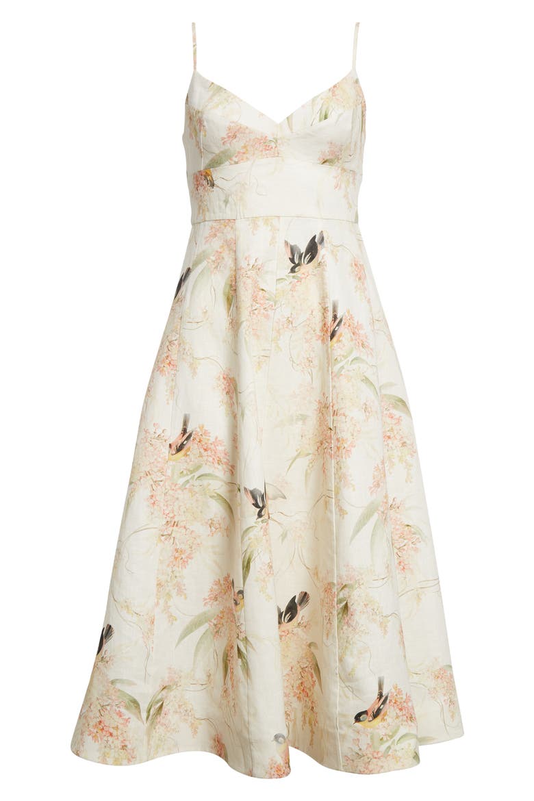 Picnic Floral Linen Midi Sundress, Alternate, color, CORAL BIRDS
