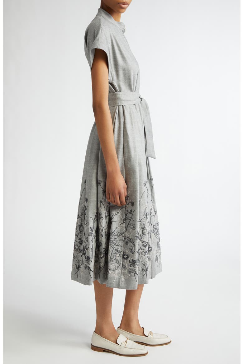 Floral Embroidered Wool Blend Belted Shirtdress, Alternate, color, LIGHT GREY MELANGE