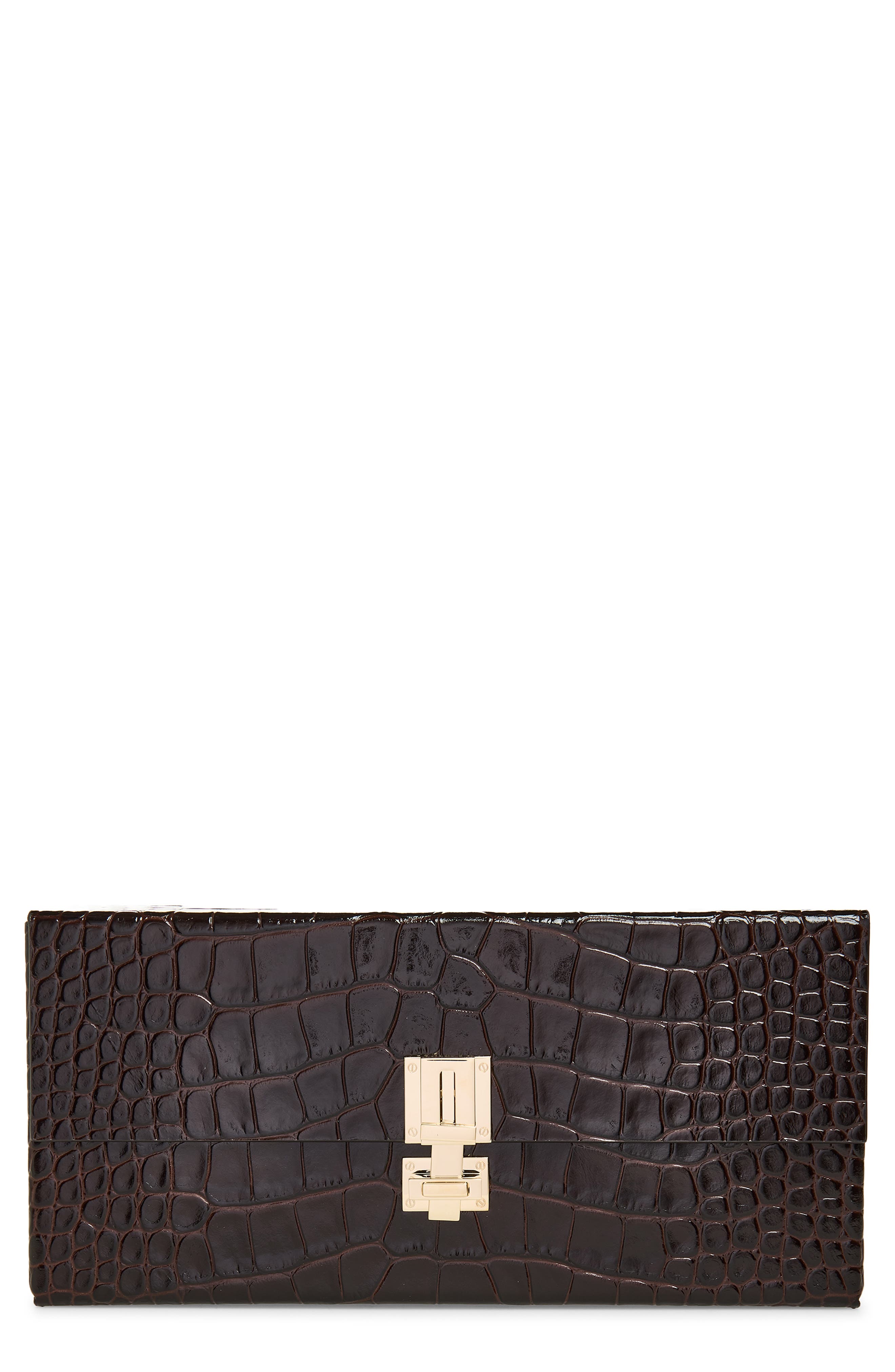 TOM FORD Croc Embossed Patenet Leather East/West Box Clutch, Main, color, 1B087 Espresso