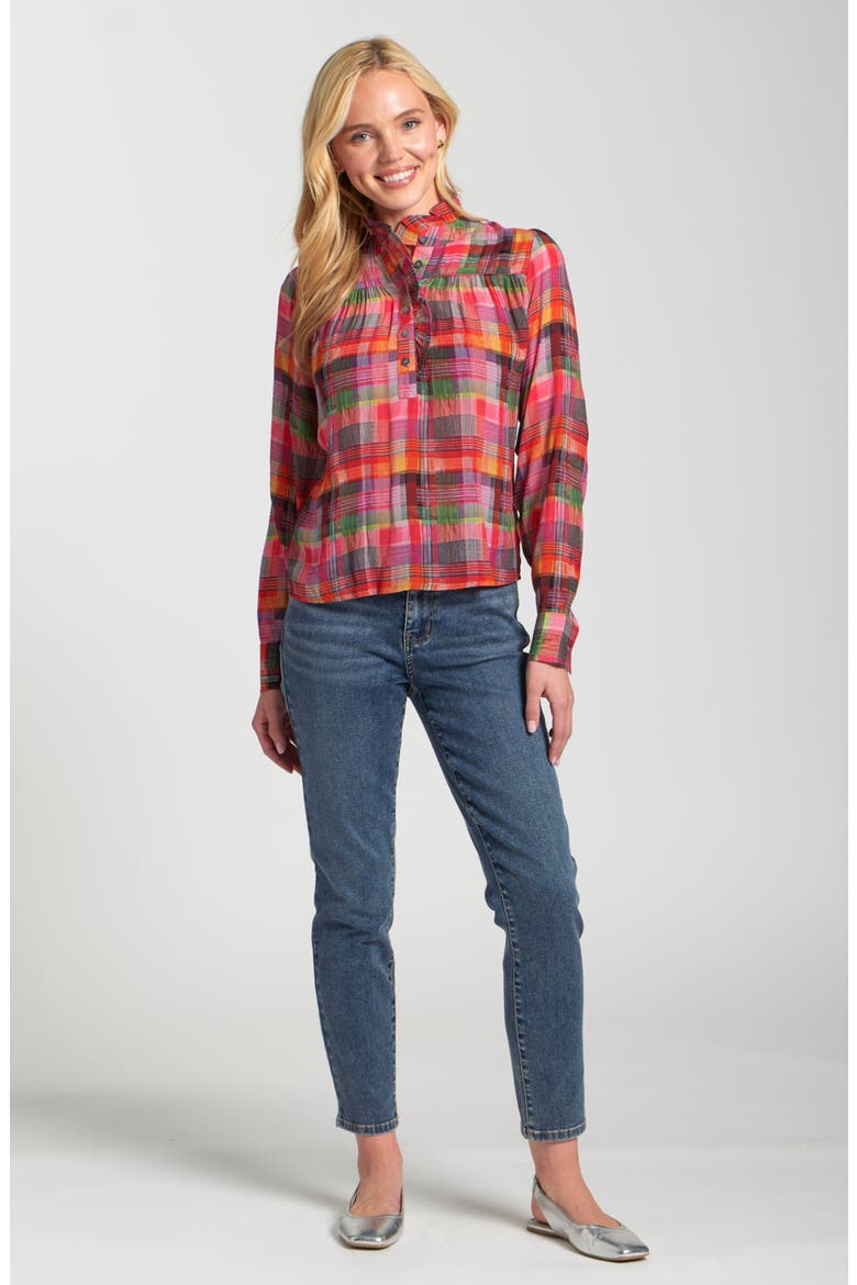 Ruffle Half-Placket Shirt, Alternate, color, PINK-PLAID MULTI