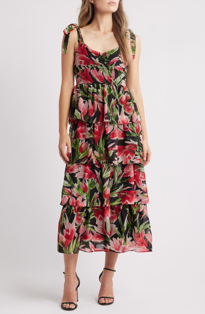 Julia Jordan Floral Tie Strap Tiered Midi Dress, Main, color, 