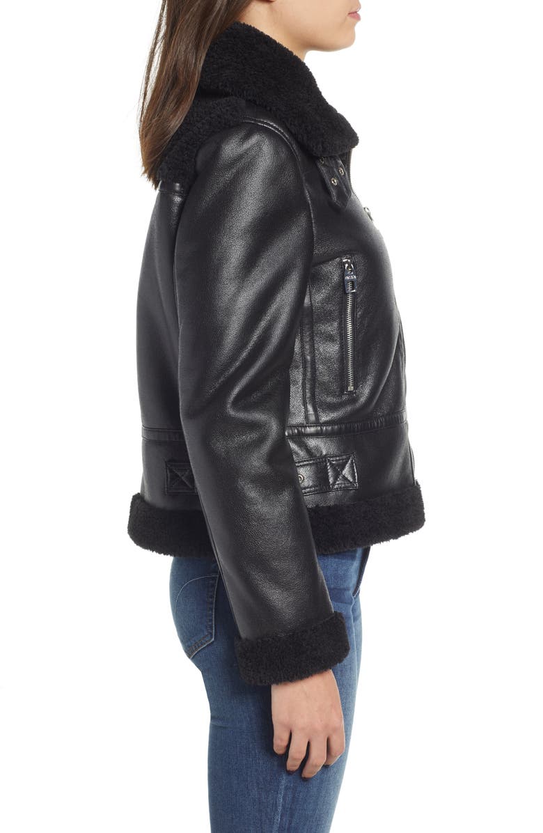 Kensie Faux Leather Moto Jacket with Faux Shearling Trim, Alternate, color,