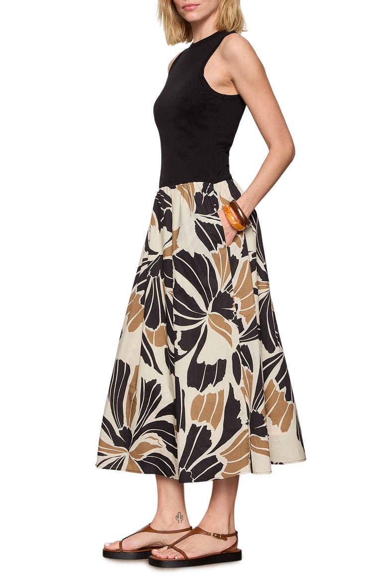 Sandbar Mixed Media Floral Print Midi Dress, Alternate, color, LOTUS BLACK