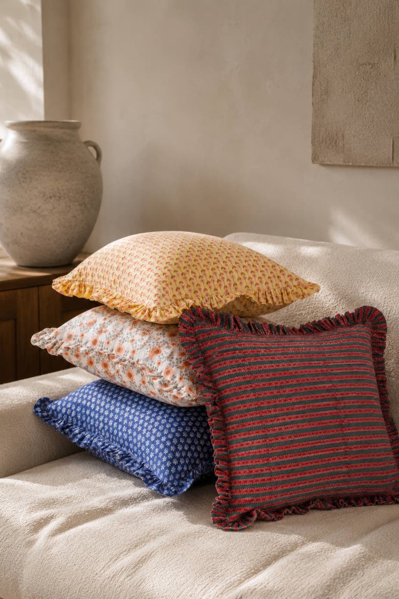 Parijat Ruffle Blockprint Pillow Cover, Alternate, color, Blue