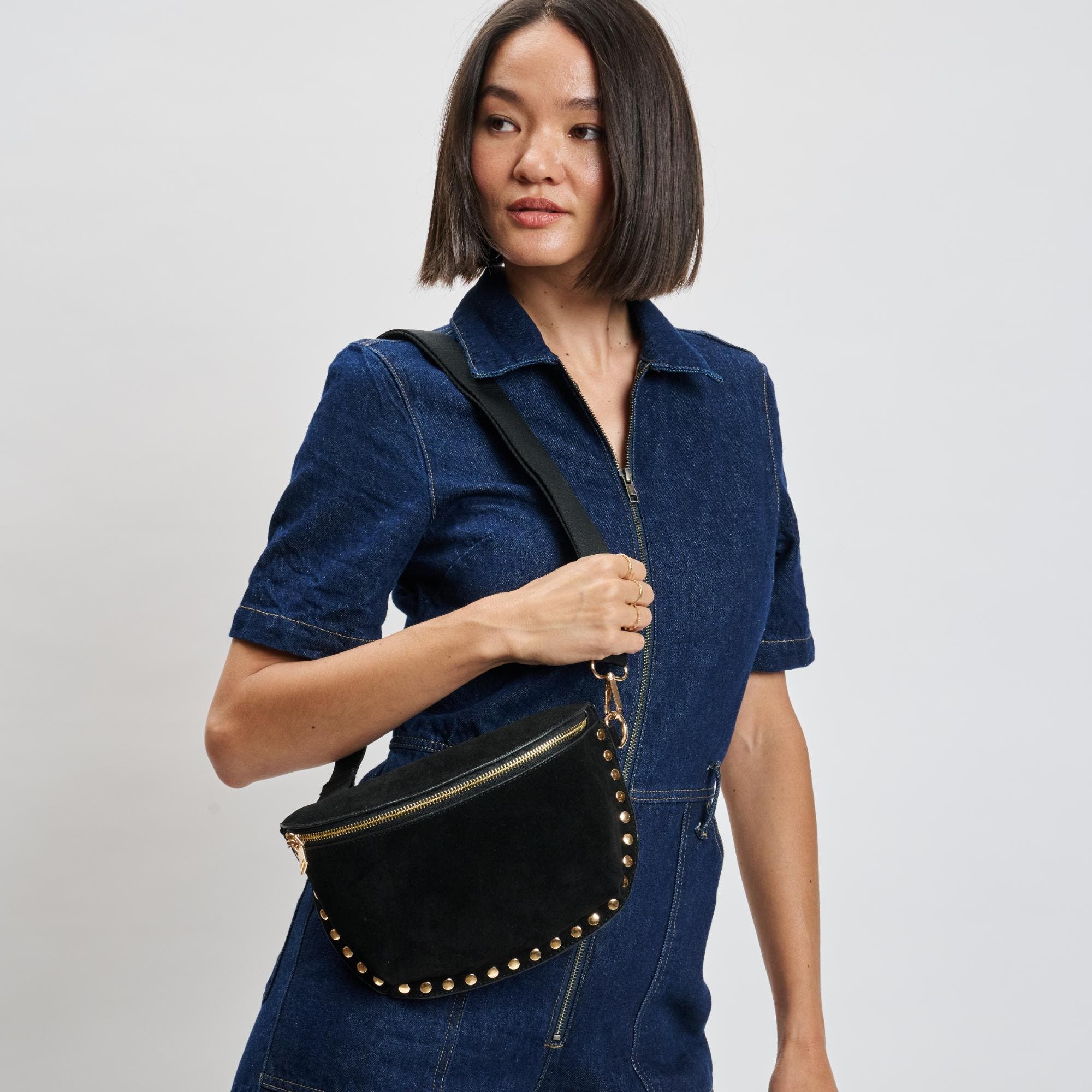 URBAN EXPRESSIONS HANDBAGS Gizelle Suede Crossbody, Main, color, Black