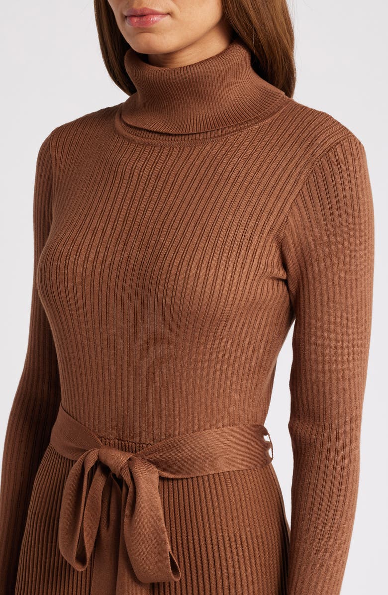Julia Jordan Turtleneck Long Sleeve Rib Midi Sweater Dress, Alternate, color, Caramel