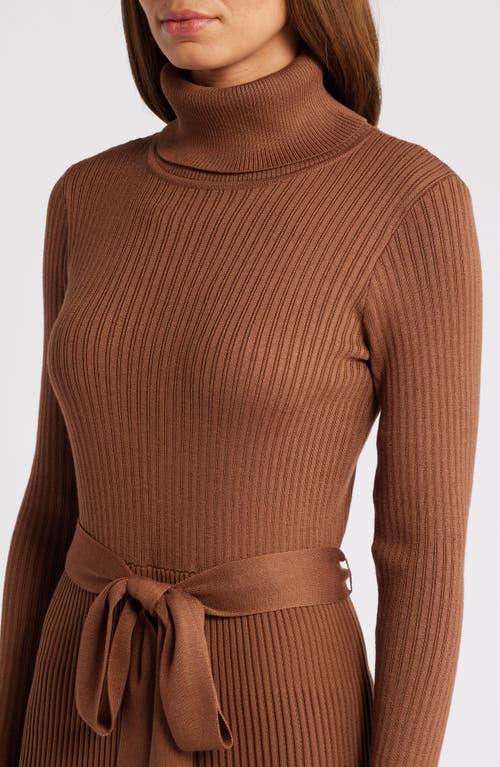 Julia Jordan Turtleneck Long Sleeve Rib Midi Sweater Dress In Caramel