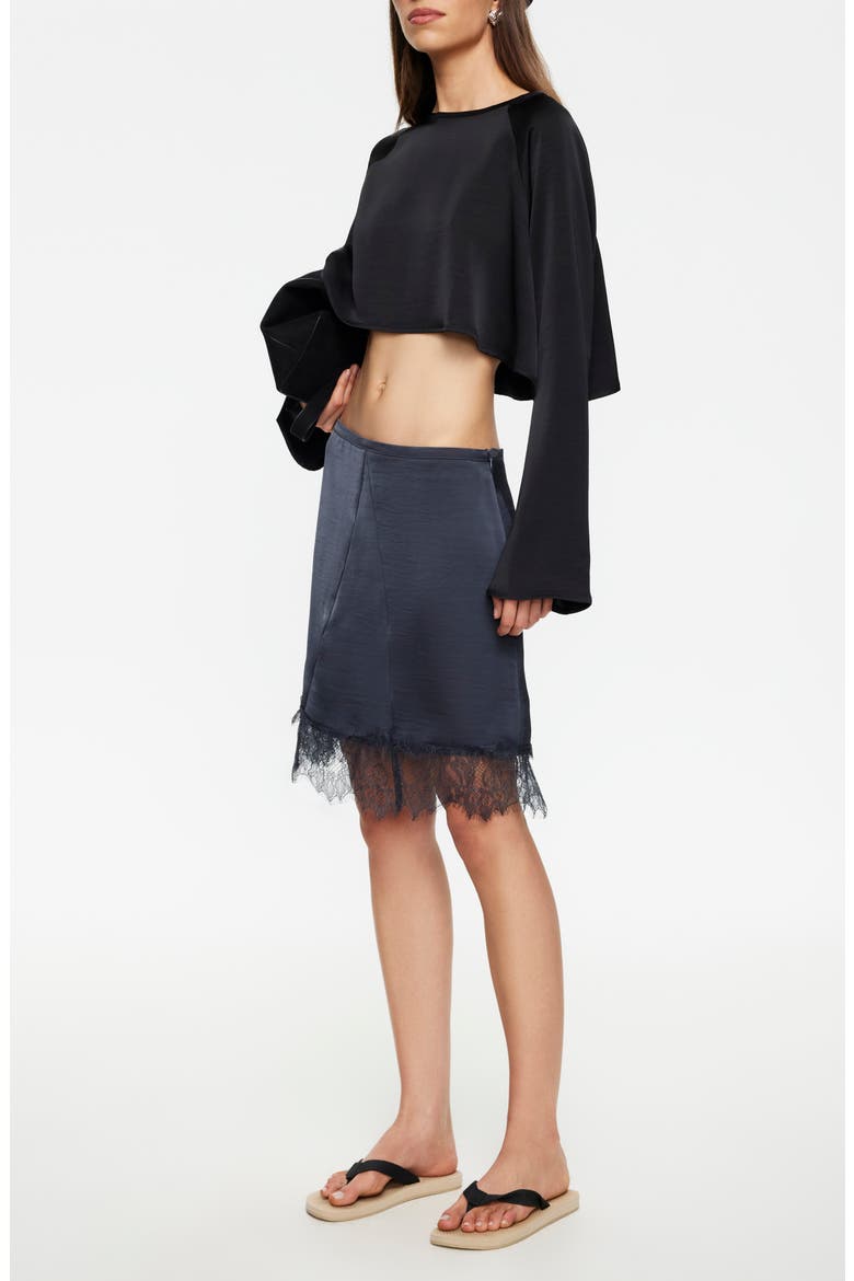 Gloss Long Sleeve Satin Crop Top, Alternate, color, NOIR