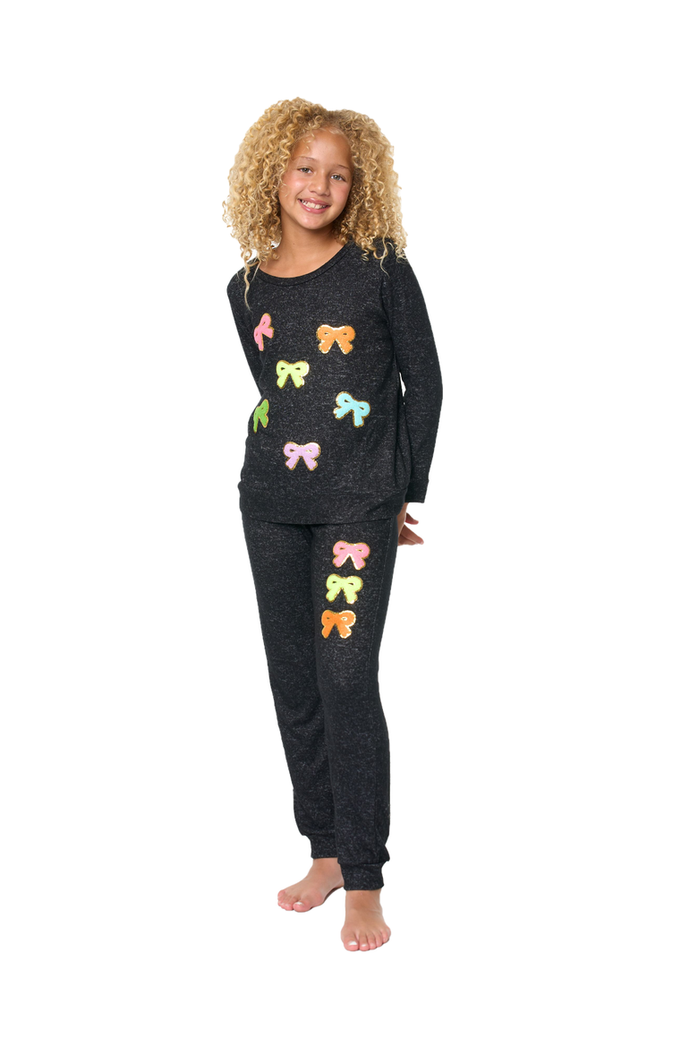 Hacci sweatshirt top with bow patches - Little Kid, Alternate, color, Charcoal