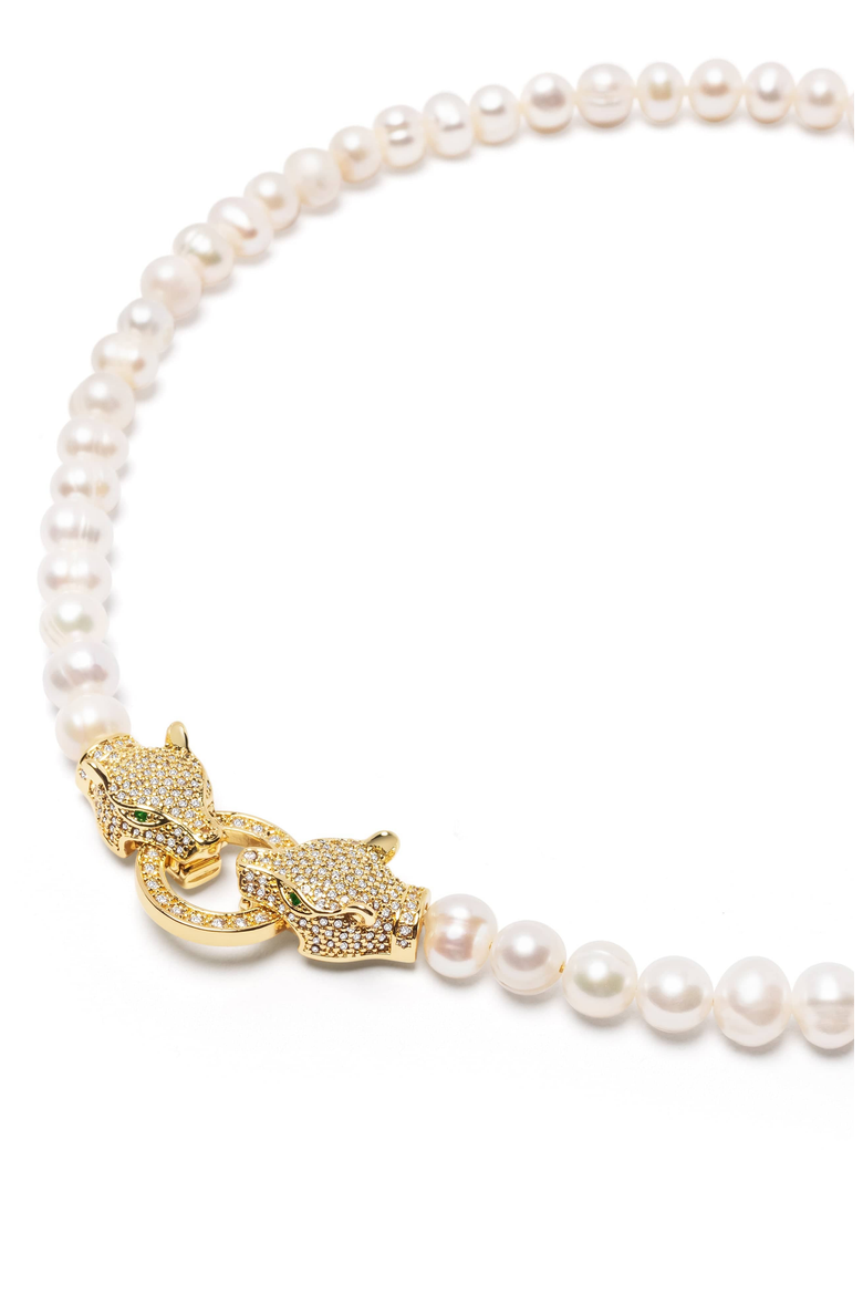 Double Panther Head Pearl Choker Necklace, Main, color, Gold