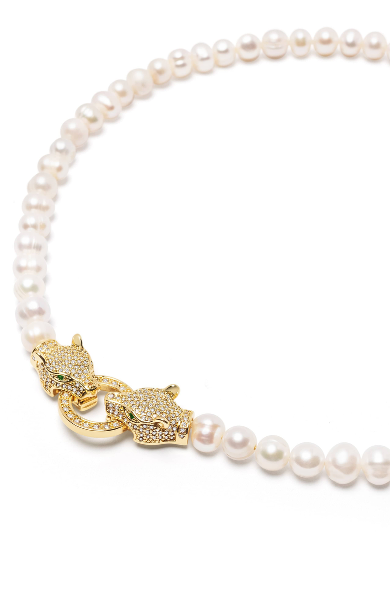 Nialaya Double Panther Head Pearl Choker Necklace, Main, color, Gold