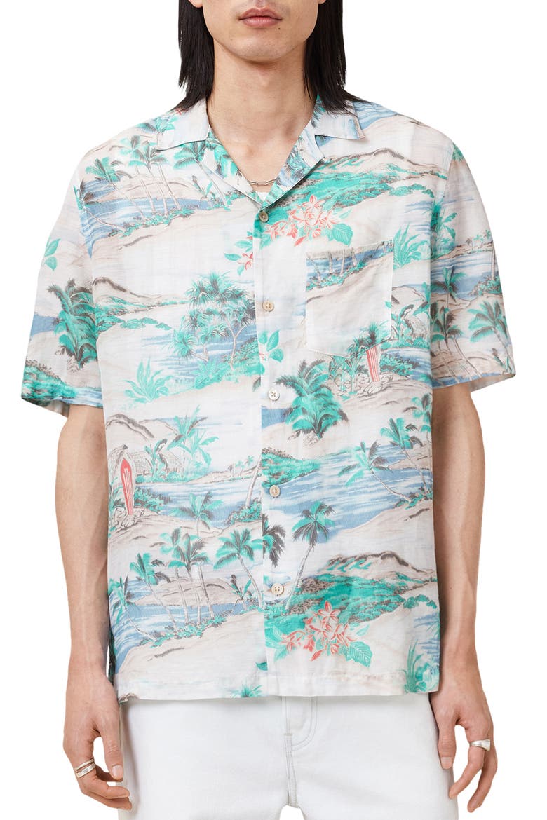 Biarritz Tropical Print Viscose & Linen Camp Shirt, Main, color, FROSTED WHITE