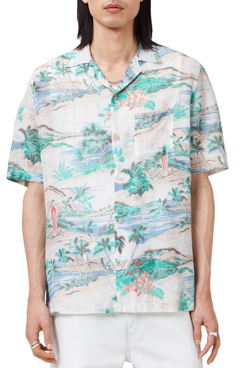 AllSaints Biarritz Tropical Print Viscose & Linen Camp Shirt, Main, color, Frosted White