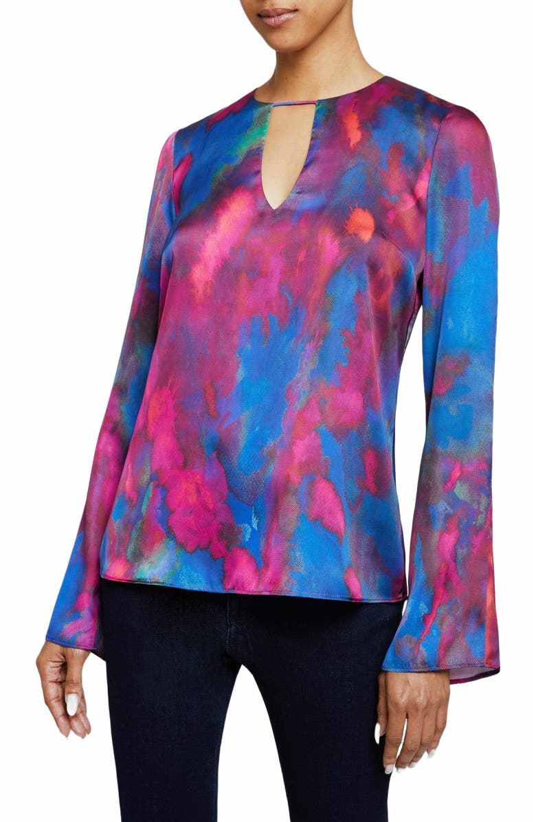 Santorelli NOA Long Sleeve Keyhole Blouse in Abstract Printed Charmeuse, Alternate, color, Magenta Multi