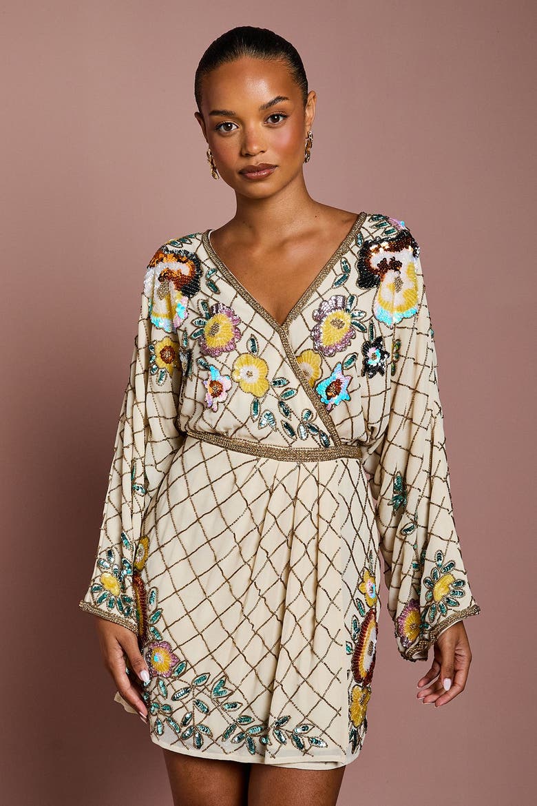 Petite Embellished Mini Dress, Alternate, color, Champagne