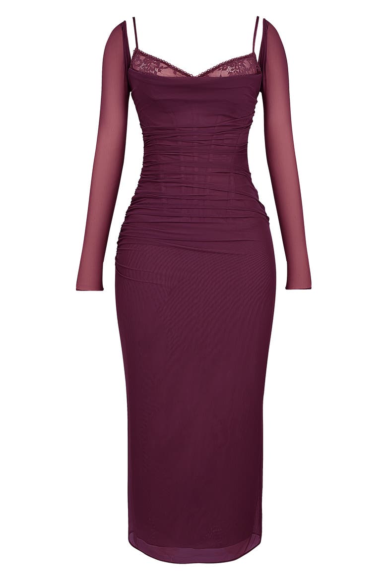 Katrina Lace Mesh Long Sleeve Gown, Alternate, color, WINDSOR WINE