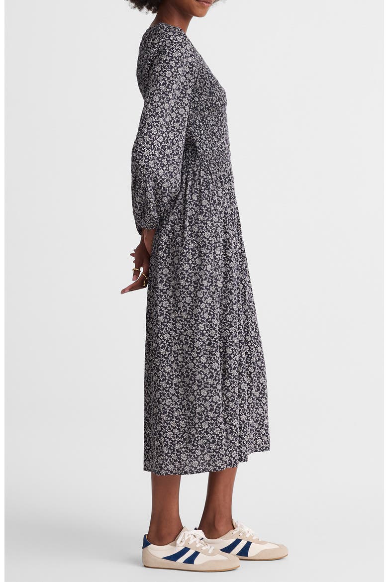 Floral Smock V-Neck Cotton Blend Midi Dress, Alternate, color, CLASSIC NAVY