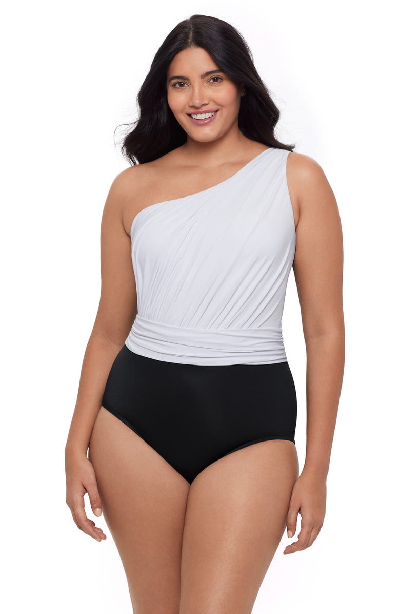 Trimshaper Heather One Shoulder One-Piece Control Swimsuit, Main, color, Black And White
