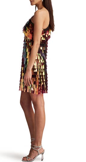 Sequin Fringe One-Shoulder Cocktail Minidress