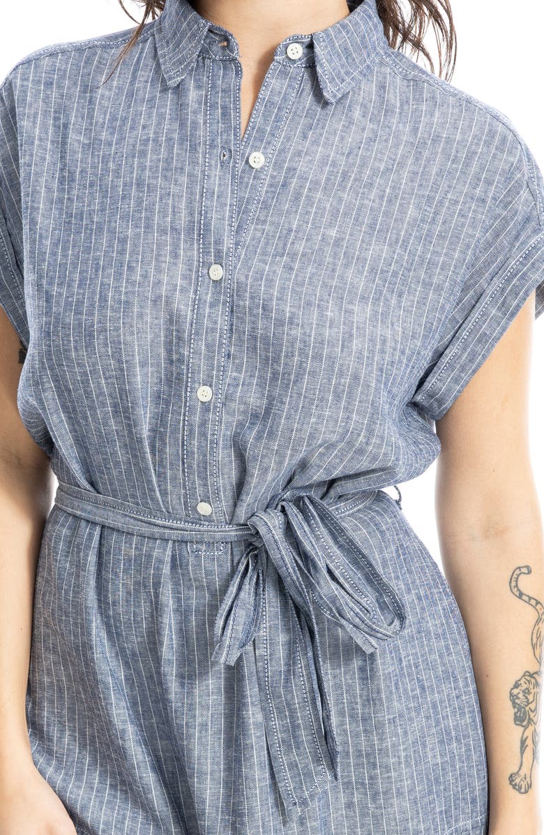 MAX STUDIO Cap Sleeve Maxi Shirtdress, Alternate, color, Navy/ White Pin Stripe