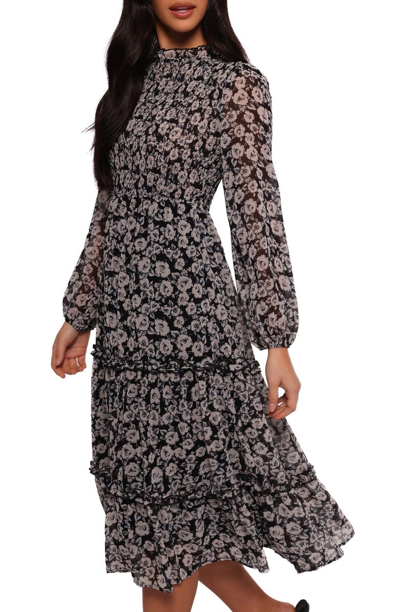 Petal & Pup Edwina Floral Long Sleeve Tiered Midi Dress, Alternate, color, 