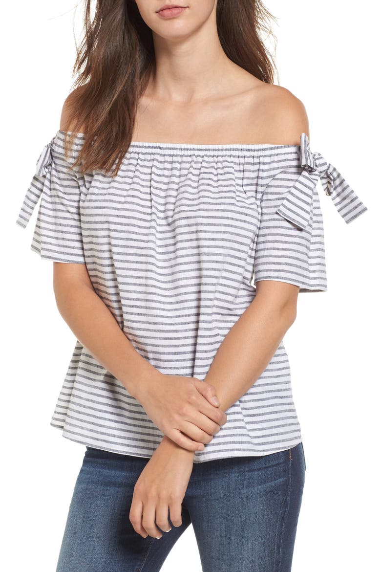 Stripe Cotton & Linen Off the Shoulder Top, Main, color, BLACK