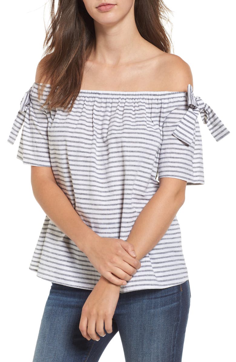 Soprano Stripe Cotton & Linen Off the Shoulder Top, Main, color,
