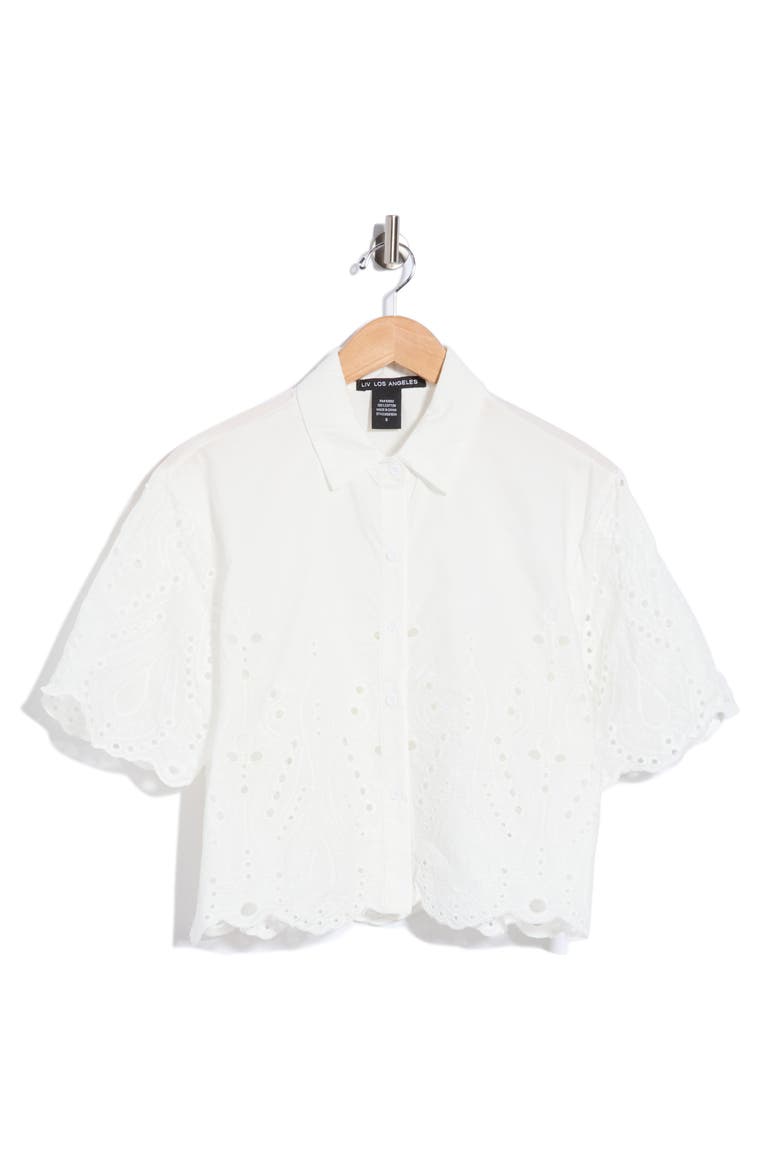 Eyelet Button-Front Crop Top, Main, color, WHITE/ NAVY