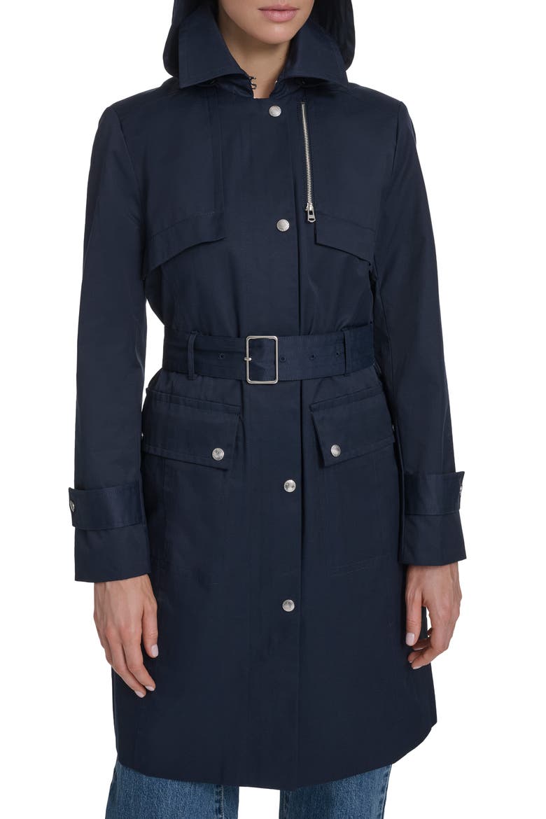 Water Resistant Convertible Collar Belted Trench Coat with Removable Hood, Alternate, color, NAVY
