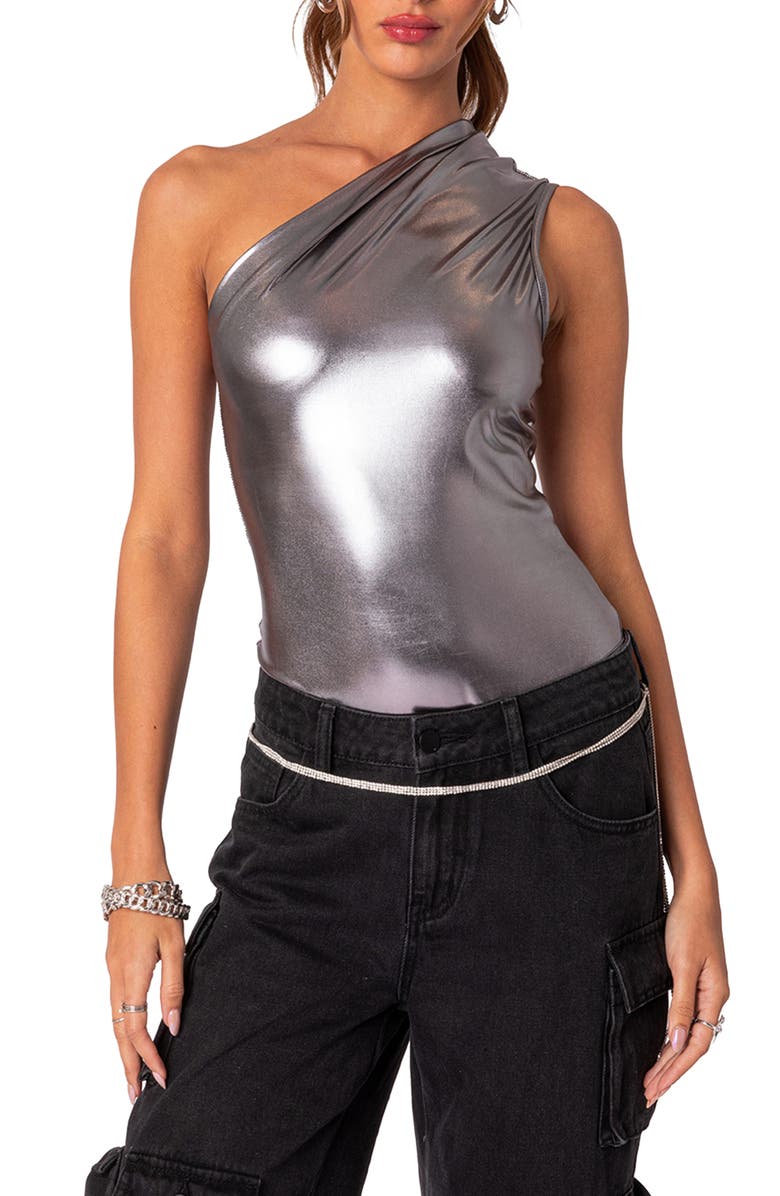 EDIKTED Feona Metallic One-Shoulder Bodysuit, Main, color,