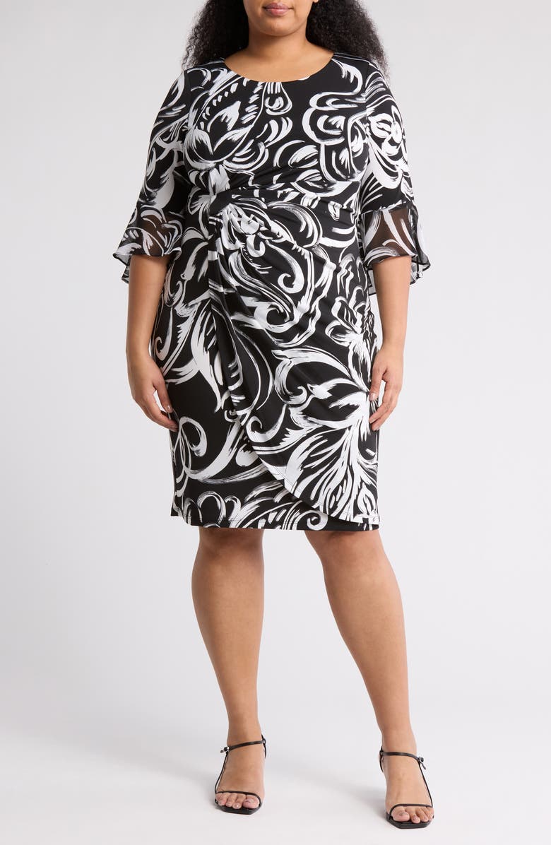 Connected Apparel Bell Sleeve Faux Wrap Dress, Main, color, 