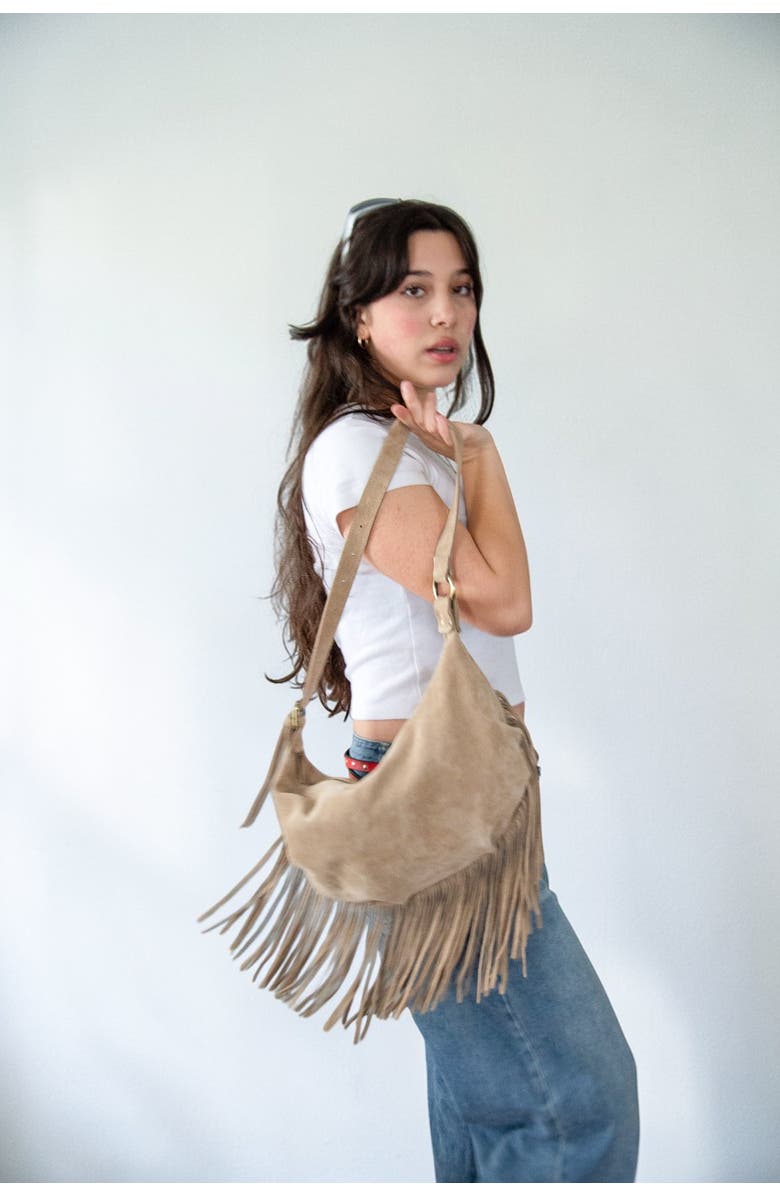 Bolsa Nova Dallas Suede Fringe Hobo, Alternate, color, Black