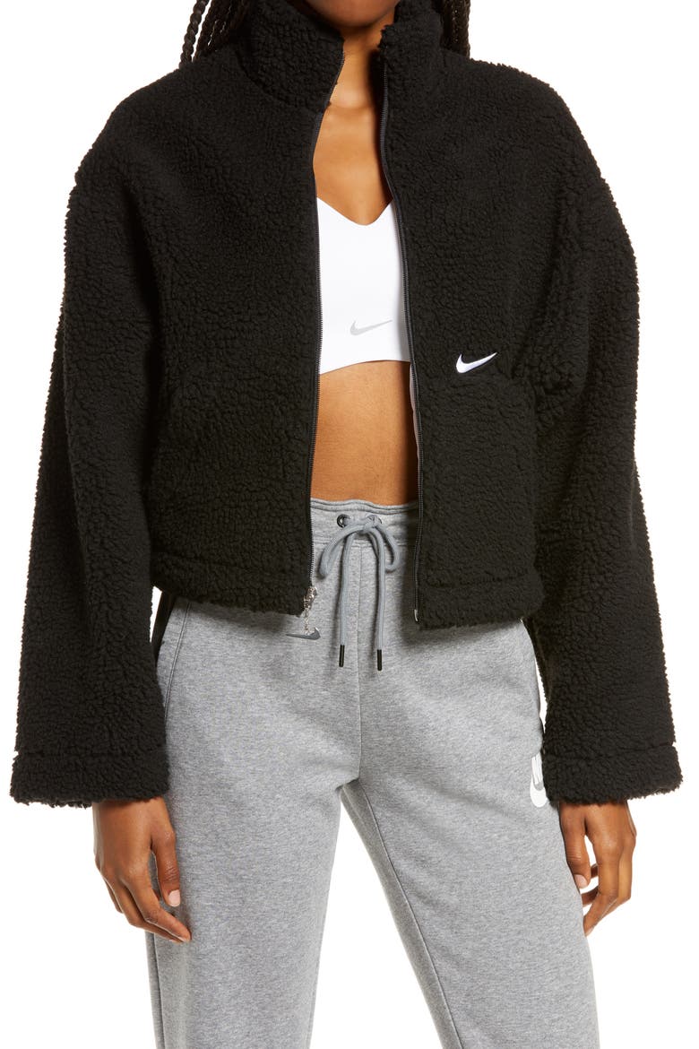 Swoosh Faux Fur Jacket, Main, color, BLACK/ WHITE