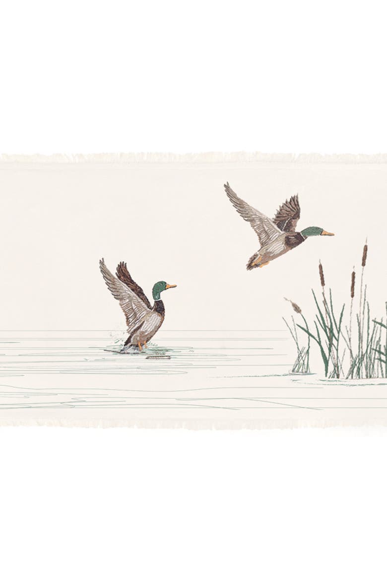 Taking Off Mallard Duck Cattails Marsh Fringed Embroidered Table Runner 14" x 72", Alternate, color, Brown