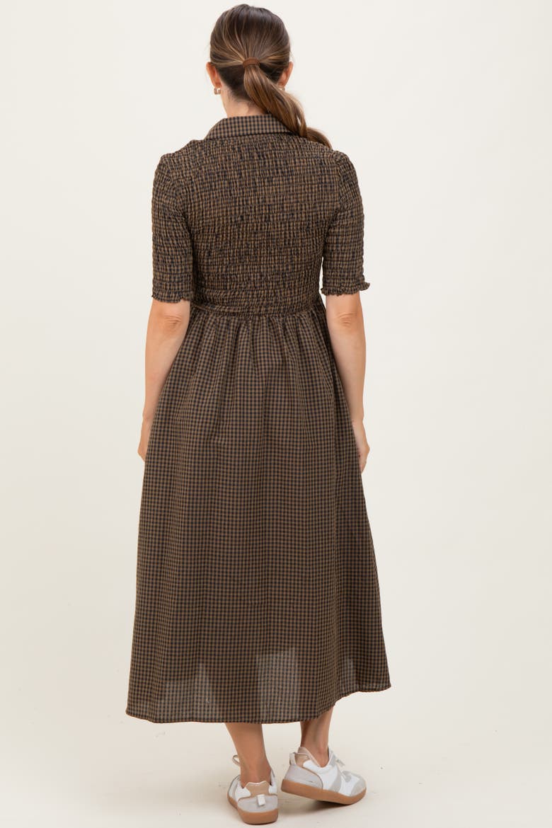 Gingham Smocked Button Down Midi Dress, Alternate, color, Brown