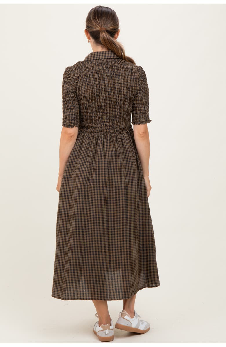 PinkBlush Gingham Smocked Button Down Midi Dress, Alternate, color, Brown