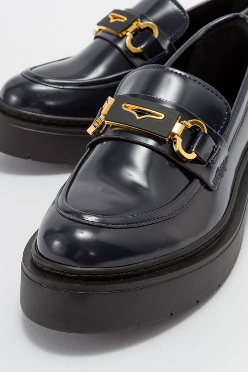 Forever & Always Shoes Simone Bit Platform Loafer In Dark Blue Patent Faux Leather