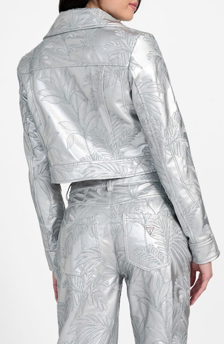 GUESS Clelia Embroidered Metallic Faux Leather Jacket, Alternate, color, Silver
