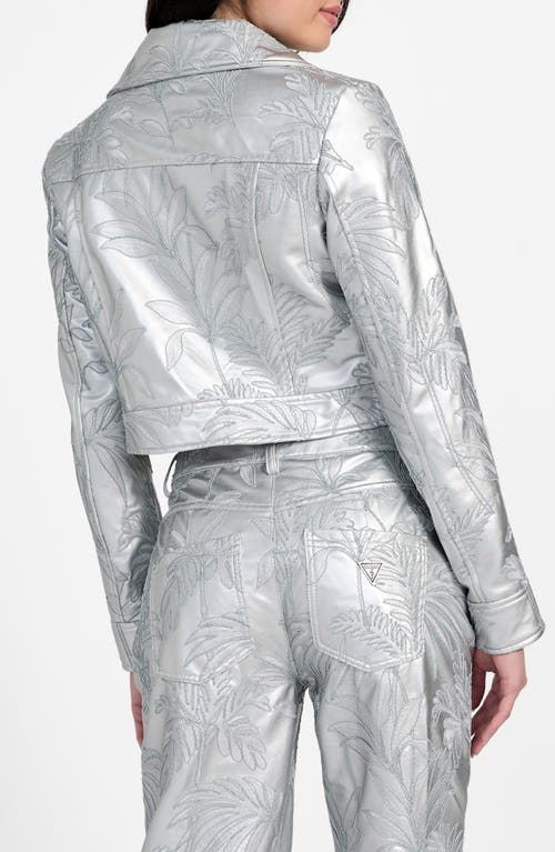 Guess Clelia Embroidered Metallic Faux Leather Jacket In Gray