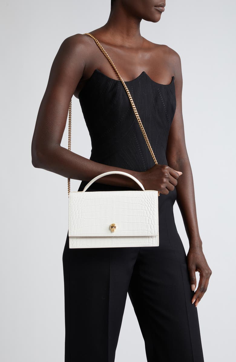 McQueen Medium Skull Croc Embossed Leather Crossbody Bag, Alternate, color, Deep Ivory
