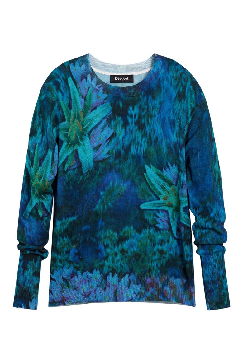 Floral Fine Gauge Crewneck Sweater, Alternate, color, BLUE/GREEN