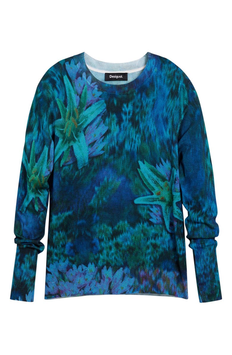 Desigual Floral Fine Gauge Crewneck Sweater, Alternate, color, Blue/Green