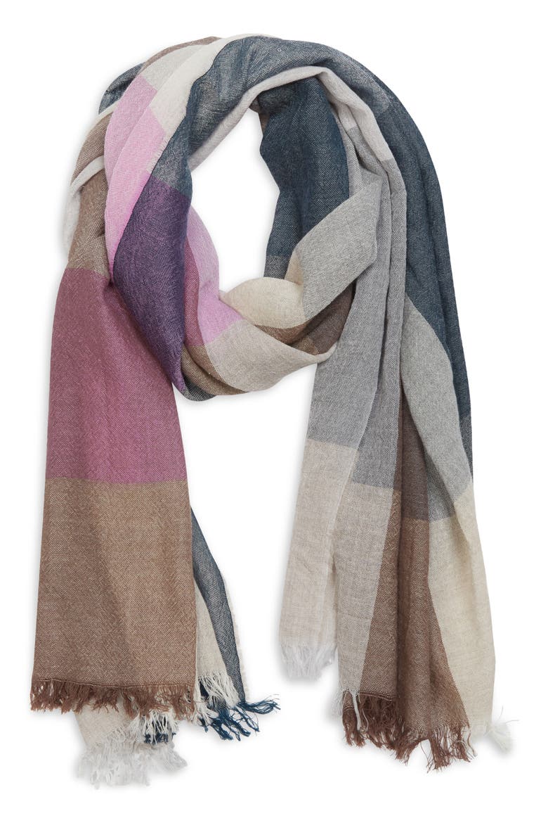 Ethie Block Check Wool Fringe Scarf, Alternate, color, RU7718 NATURAL / PINK
