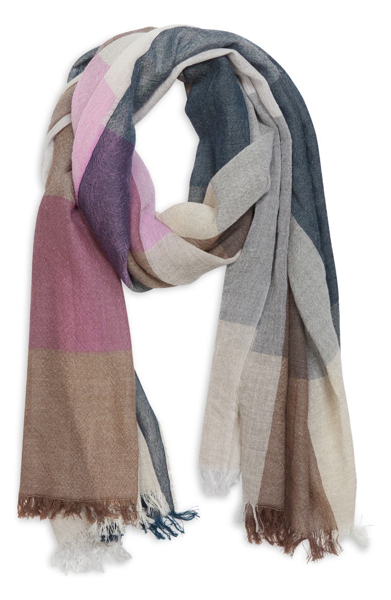 Johnstons of Elgin Ethie Block Check Wool Fringe Scarf, Alternate, color, Ru7718 Natural / Pink